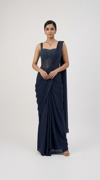 NAVY BLUE CORSET EMBROIDERED READY TO WEAR SAREE