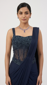 NAVY BLUE CORSET EMBROIDERED READY TO WEAR SAREE