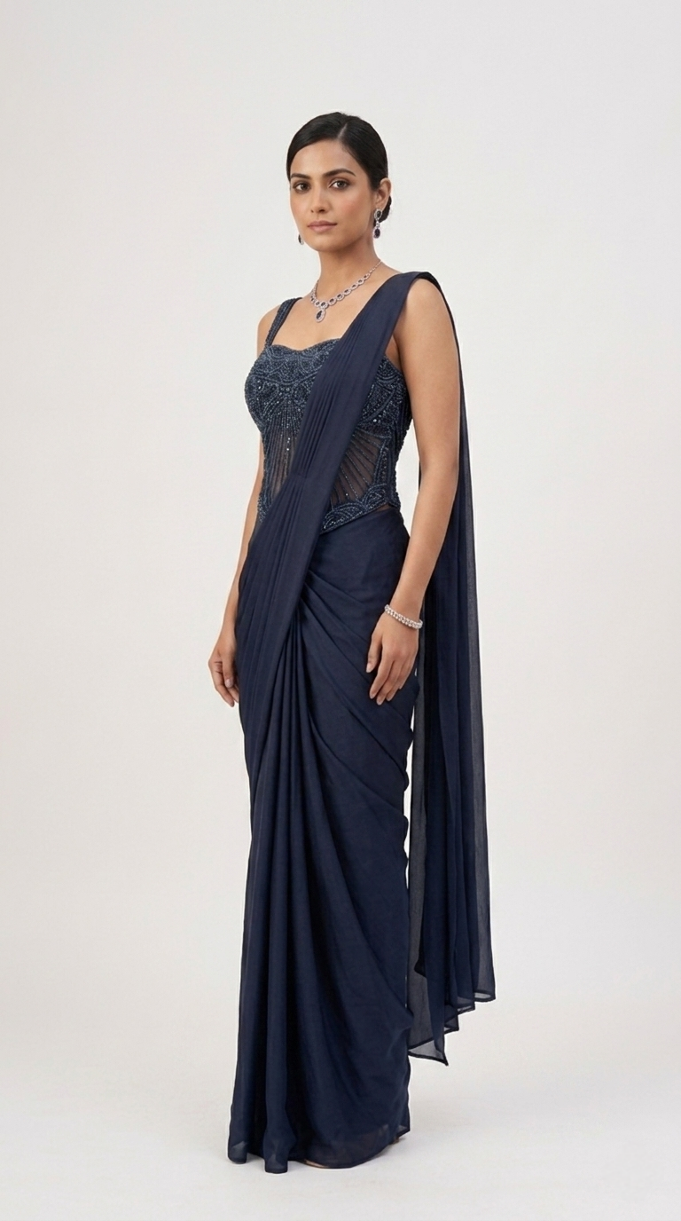 NAVY BLUE CORSET EMBROIDERED READY TO WEAR SAREE