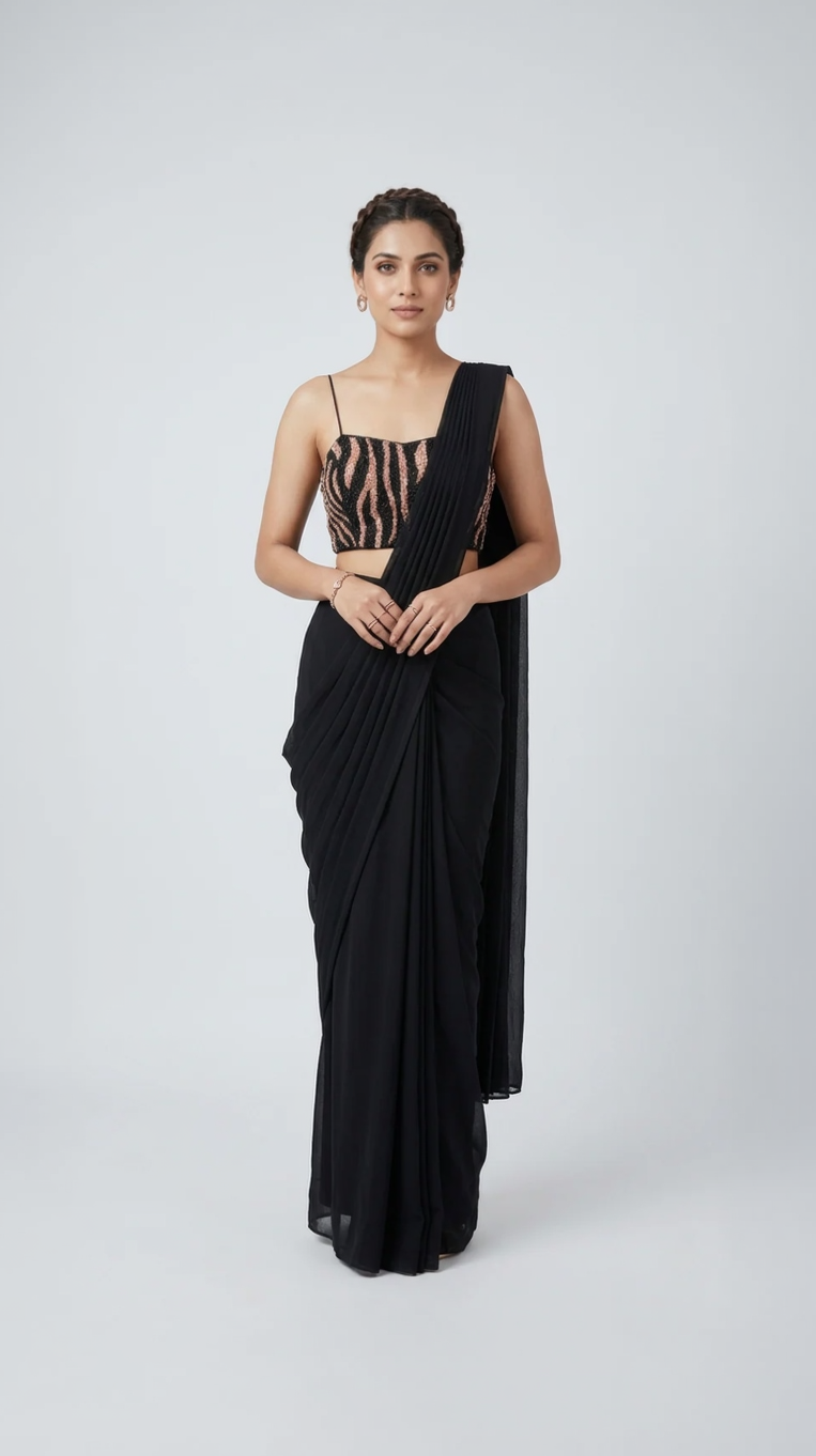 BLACK EMBROIDERED READY TO WEAR SAREE