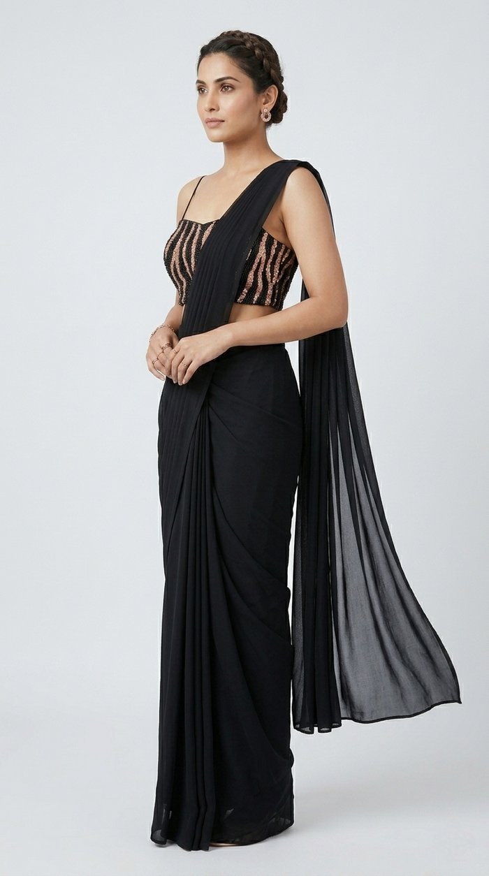 BLACK EMBROIDERED READY TO WEAR SAREE