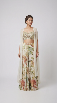 IVORY FLORAL SHARARA CAPE SET