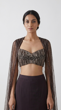BROWN FISH CUT SHOULDER CAPE LEHENGA SET