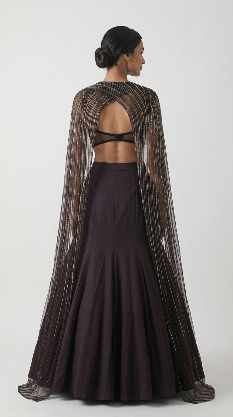 BROWN FISH CUT SHOULDER CAPE LEHENGA SET