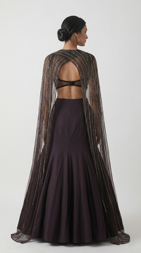 BROWN FISH CUT SHOULDER CAPE LEHENGA SET