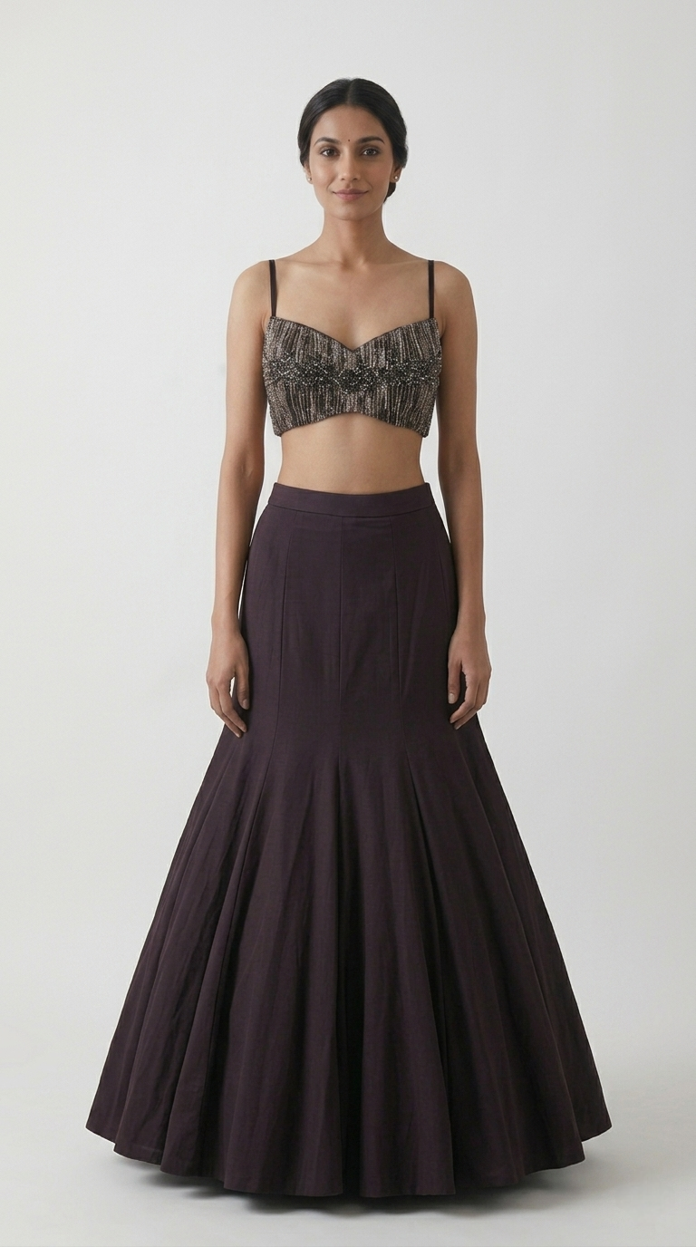 BROWN FISH CUT SHOULDER CAPE LEHENGA SET