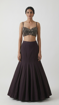BROWN FISH CUT SHOULDER CAPE LEHENGA SET