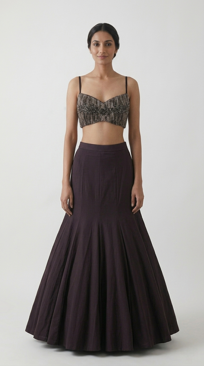 BROWN FISH CUT SHOULDER CAPE LEHENGA SET