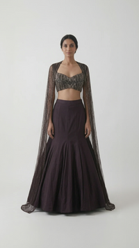 BROWN FISH CUT SHOULDER CAPE LEHENGA SET