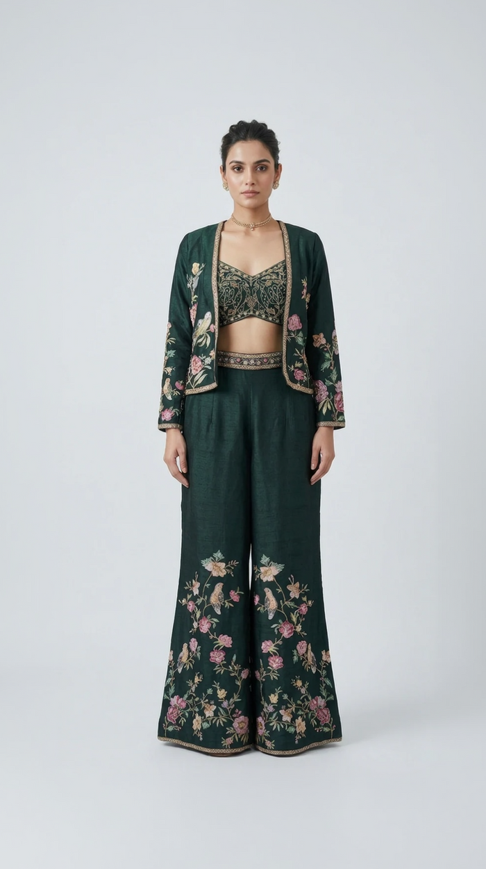 GREEN FLORAL EMBROIDERED BLAZER SUIT SET