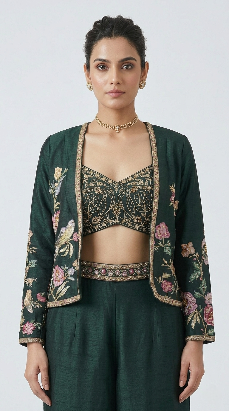 GREEN FLORAL EMBROIDERED BLAZER SUIT SET