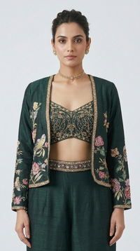 GREEN FLORAL EMBROIDERED BLAZER SUIT SET