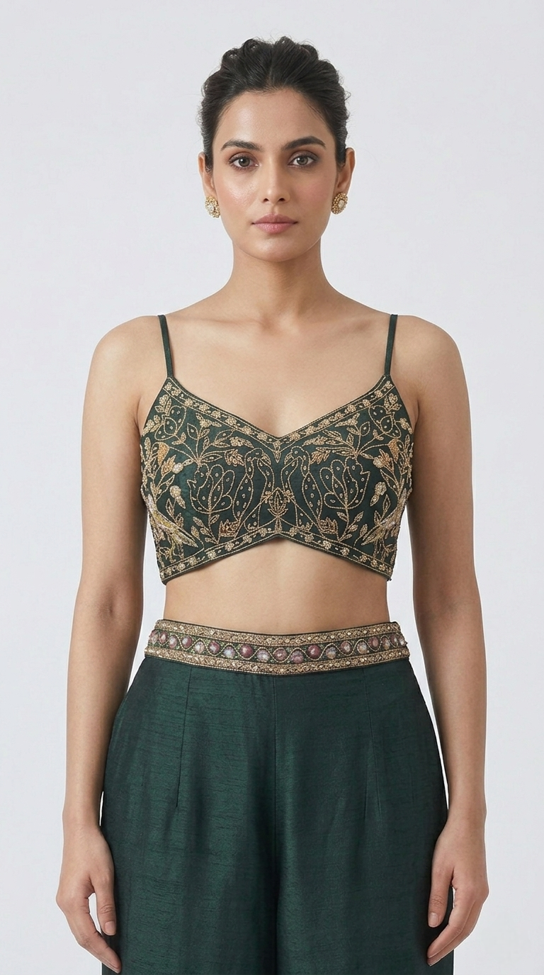 GREEN FLORAL EMBROIDERED BLAZER SUIT SET