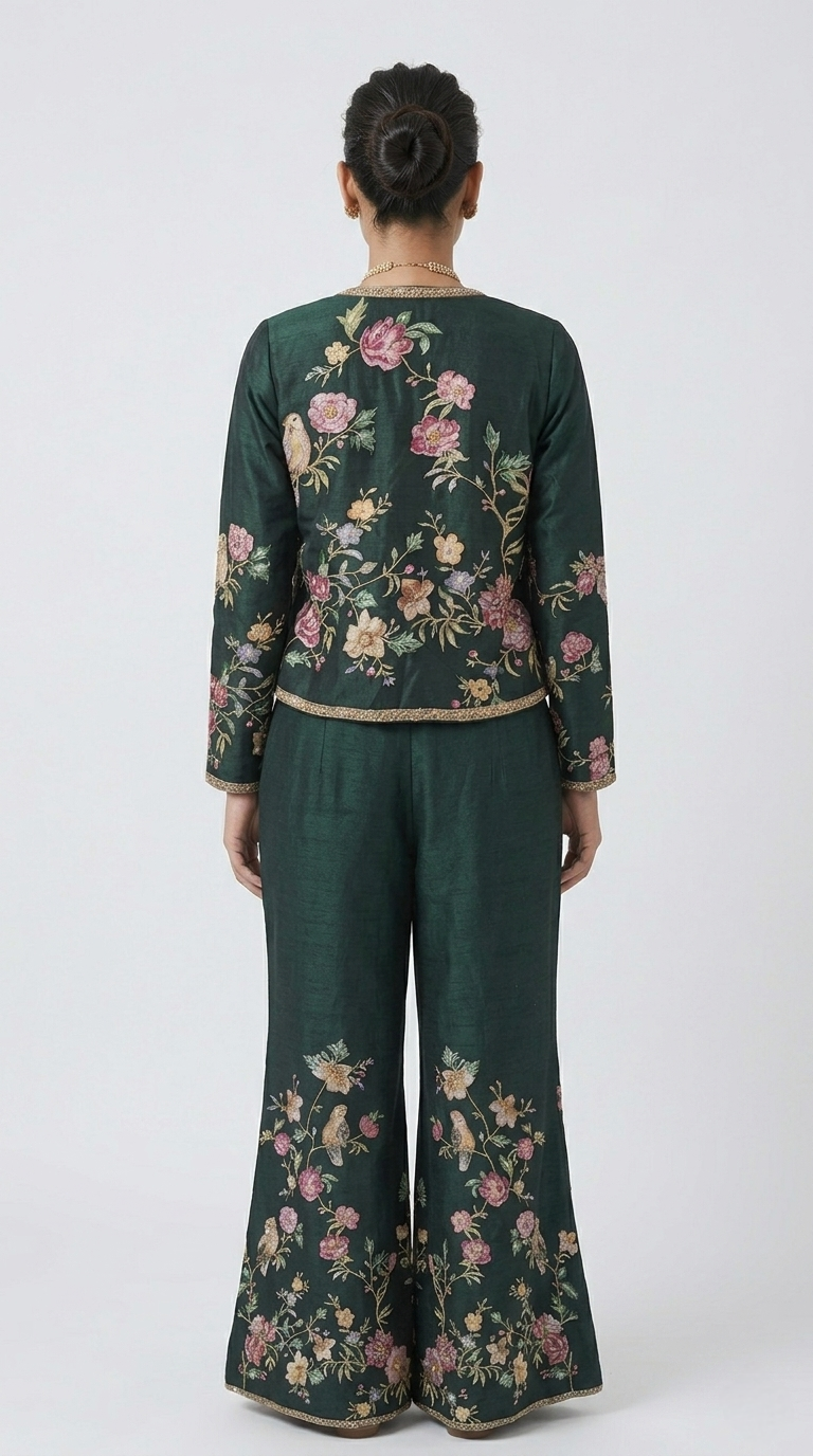 GREEN FLORAL EMBROIDERED BLAZER SUIT SET