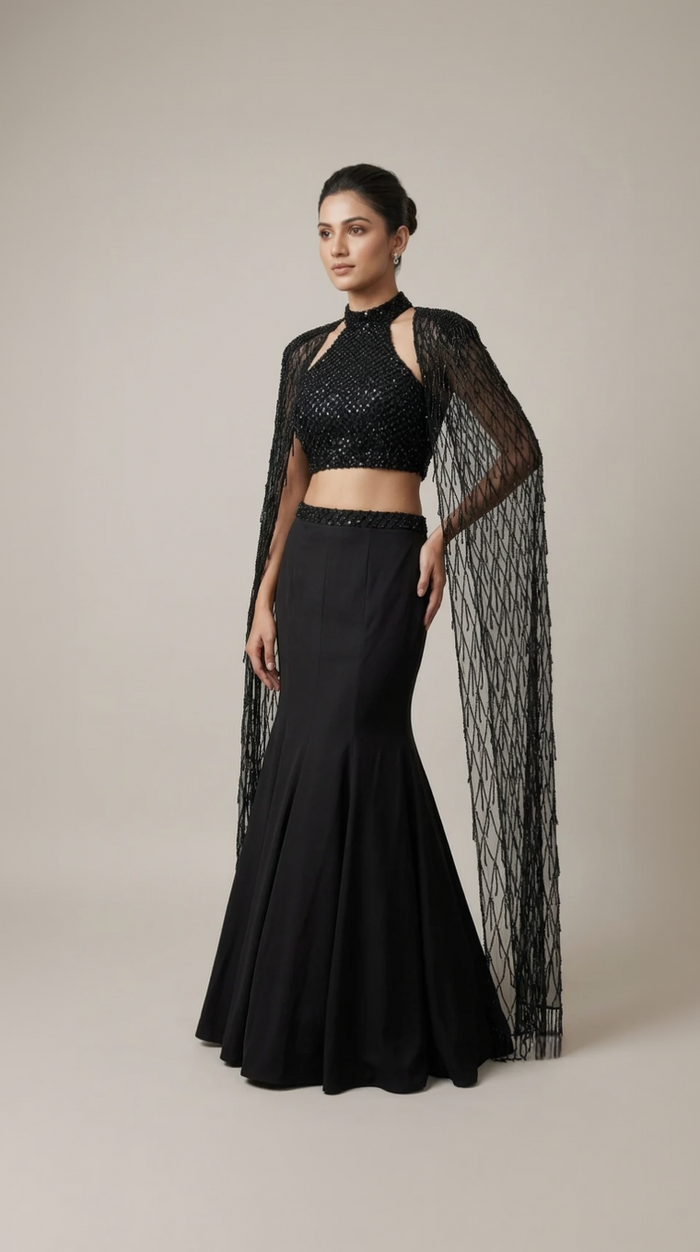 BLACK COCKTAIL FISH CUT EMBROIDERED LEHENGA SET