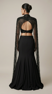 BLACK COCKTAIL FISH CUT EMBROIDERED LEHENGA SET