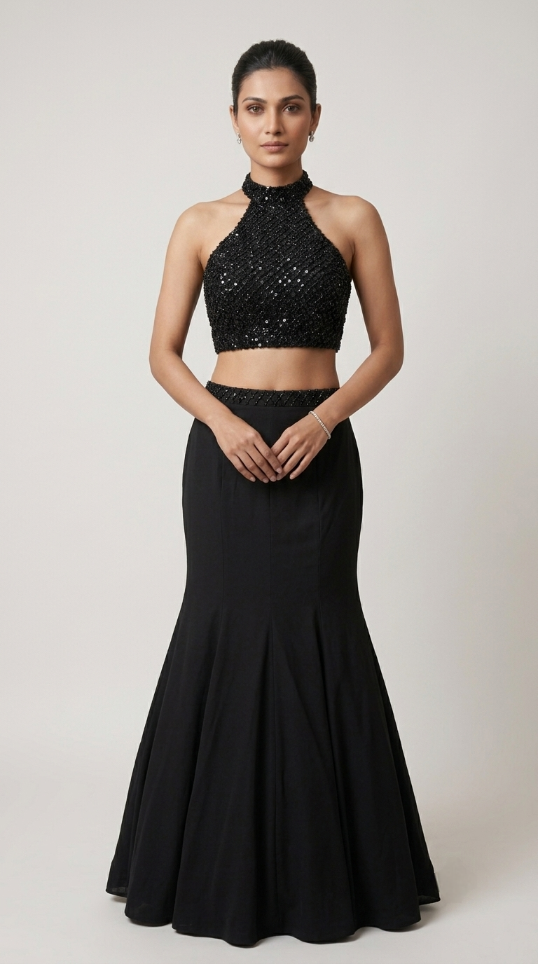 BLACK COCKTAIL FISH CUT EMBROIDERED LEHENGA SET