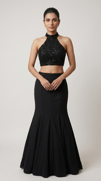 BLACK COCKTAIL FISH CUT EMBROIDERED LEHENGA SET