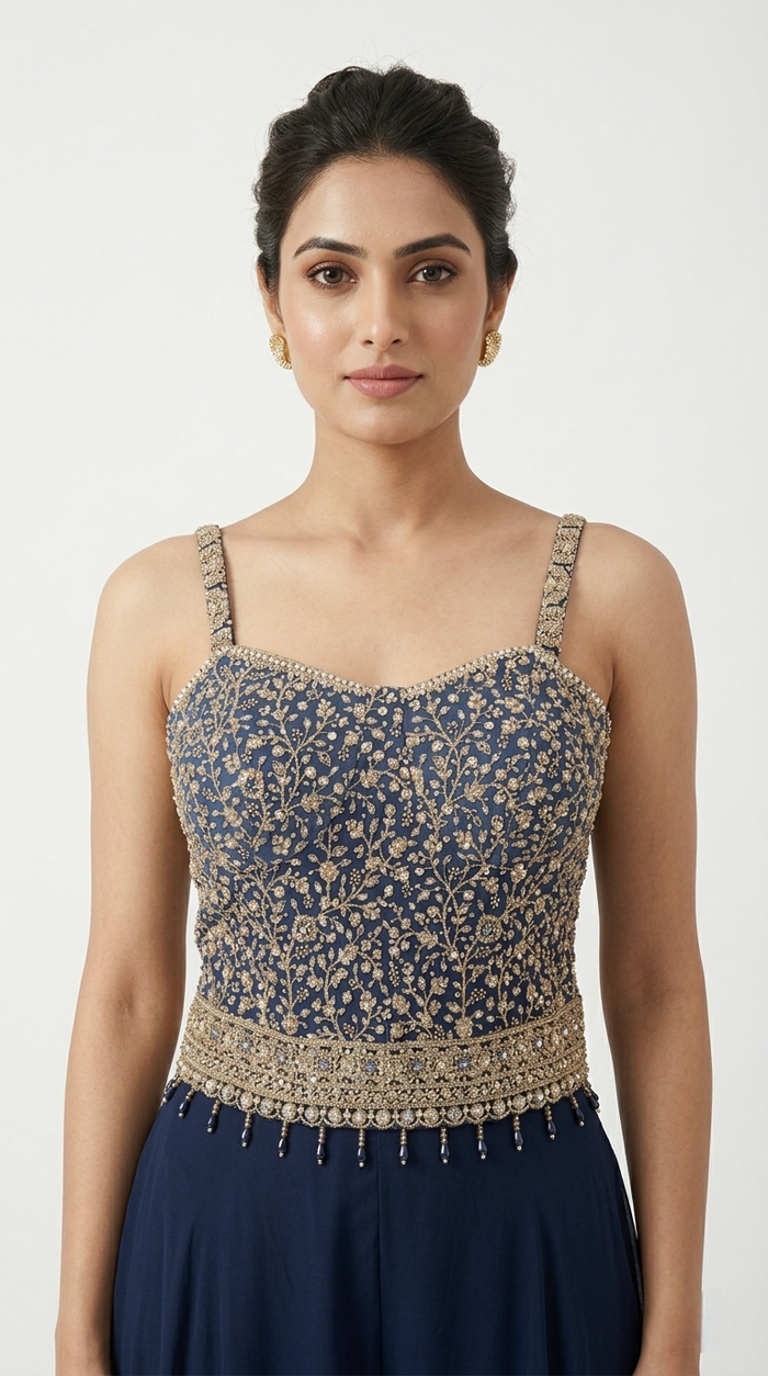 BLUE SEQUINS EMBELLISHED CORSET SHARARA SET