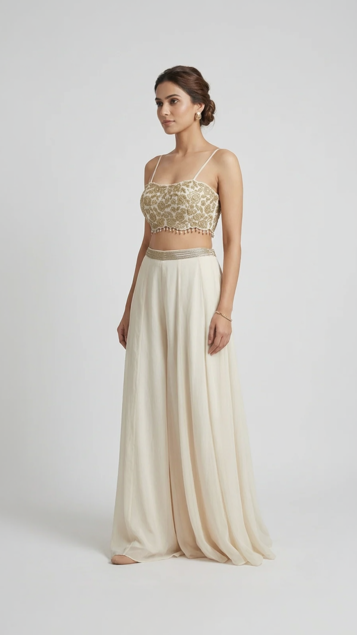 IVORY SEQUINS EMBELLISHES CROP TOP SHARARA SET