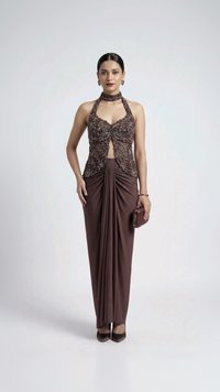 BROWN EMBROIDERED HALTER NECK TOP AND PLEATED SKIRT INDOWESTERN SET