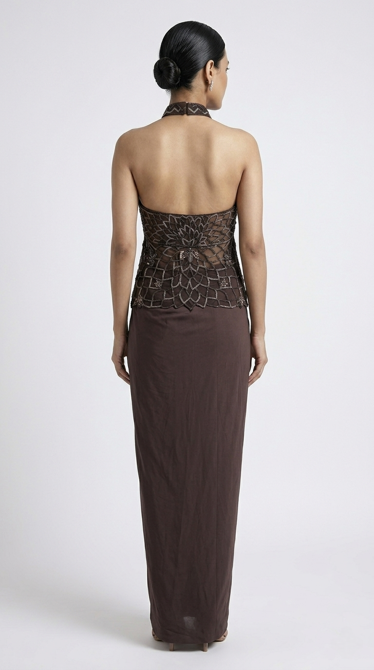 BROWN EMBROIDERED HALTER NECK TOP AND PLEATED SKIRT INDOWESTERN SET