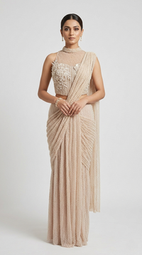PEARL EMBROIDERED READY TO WEAR IVORY COCKTAIL SAREE