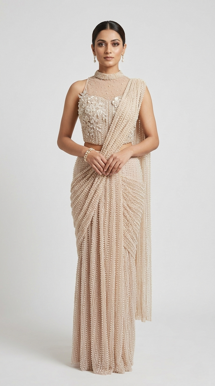 PEARL EMBROIDERED READY TO WEAR IVORY COCKTAIL SAREE