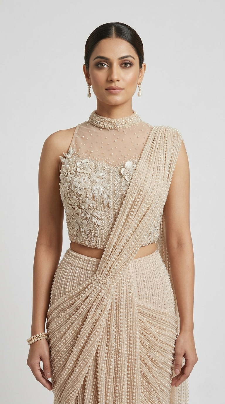PEARL EMBROIDERED READY TO WEAR IVORY COCKTAIL SAREE