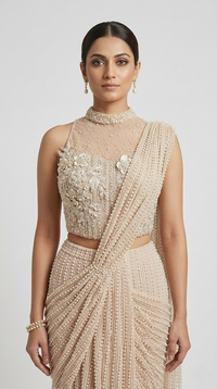 PEARL EMBROIDERED READY TO WEAR IVORY COCKTAIL SAREE