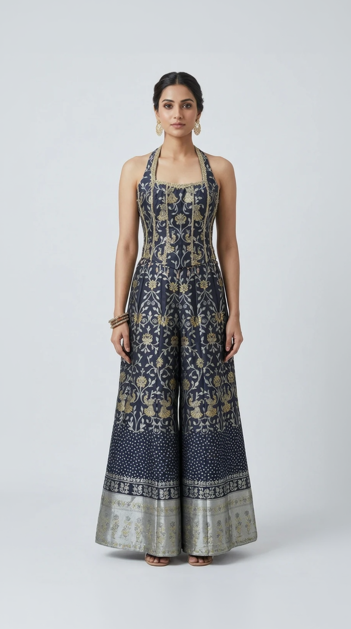 BLUE SILK ETHNIC CORSET SHARARA SET
