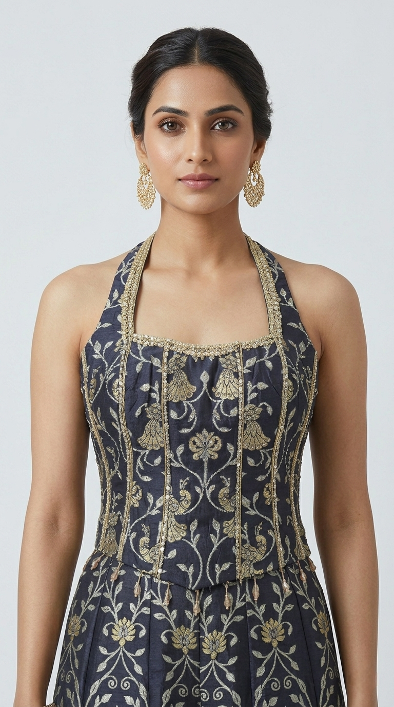 BLUE SILK ETHNIC CORSET SHARARA SET
