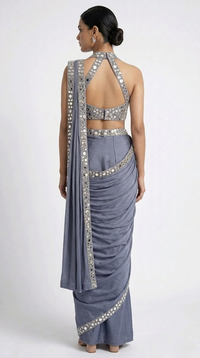 BLUE HALTER NECK MIRROR EMBROIDERED READY TO WEAR SAREE