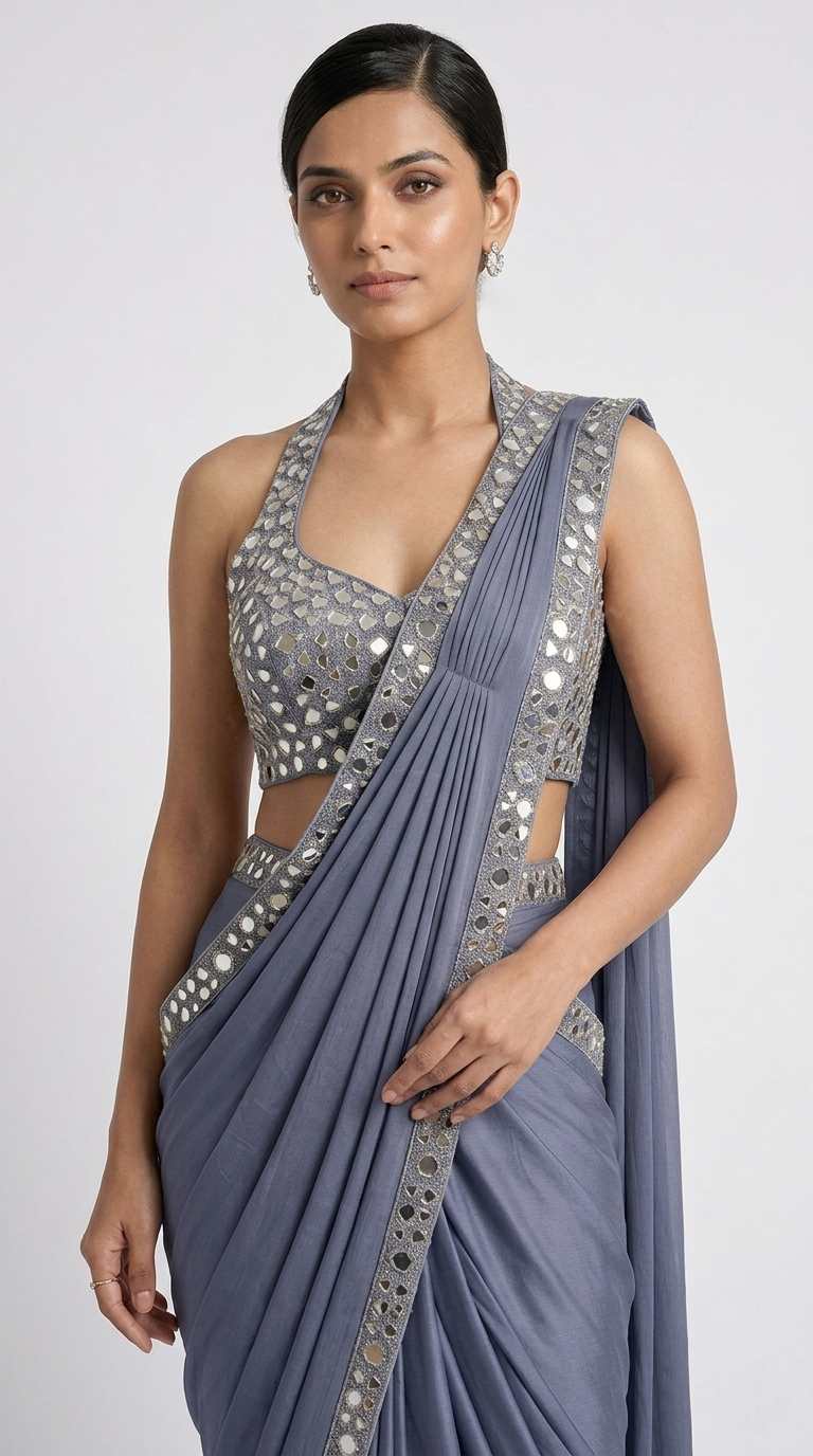 BLUE HALTER NECK MIRROR EMBROIDERED READY TO WEAR SAREE