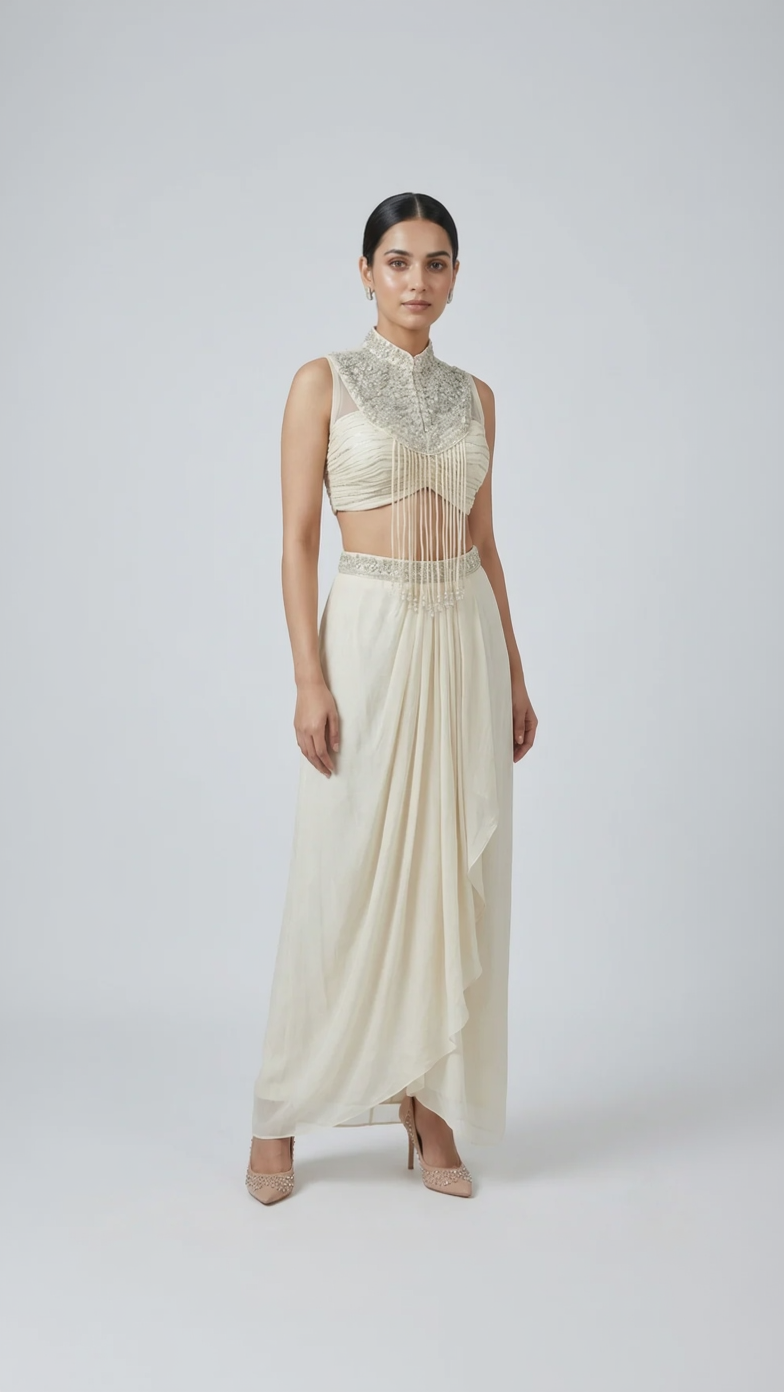 IVORY EMBROIDERED PLEATED SKIRT TOP SET
