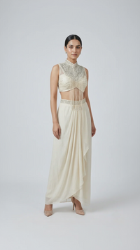 IVORY EMBROIDERED PLEATED SKIRT TOP SET