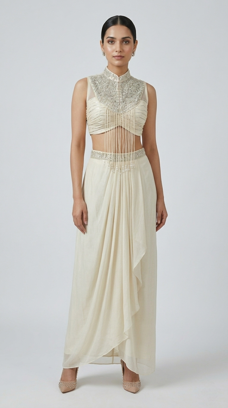 IVORY EMBROIDERED PLEATED SKIRT TOP SET