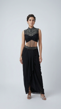 BLACK EMBROIDERED PLEATED SKIRT TOP SET