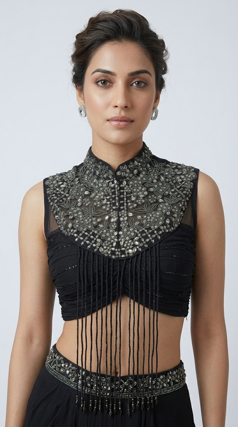 BLACK EMBROIDERED PLEATED SKIRT TOP SET