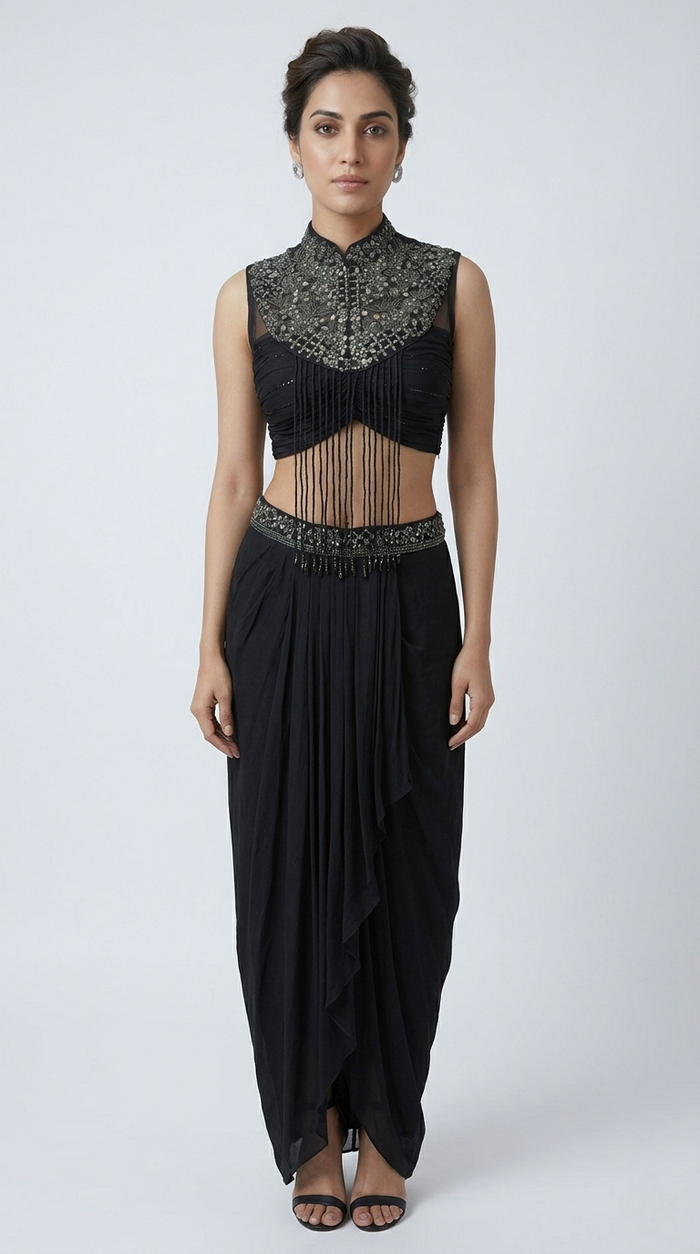 BLACK EMBROIDERED PLEATED SKIRT TOP SET