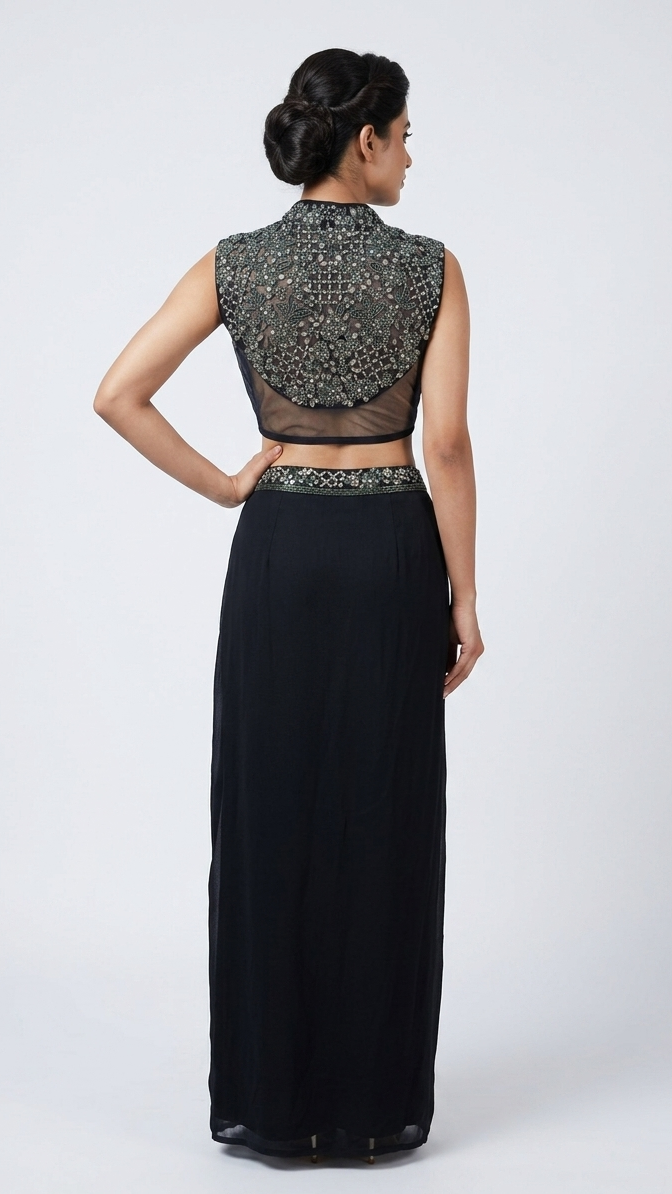 BLACK EMBROIDERED PLEATED SKIRT TOP SET