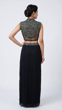 BLACK EMBROIDERED PLEATED SKIRT TOP SET
