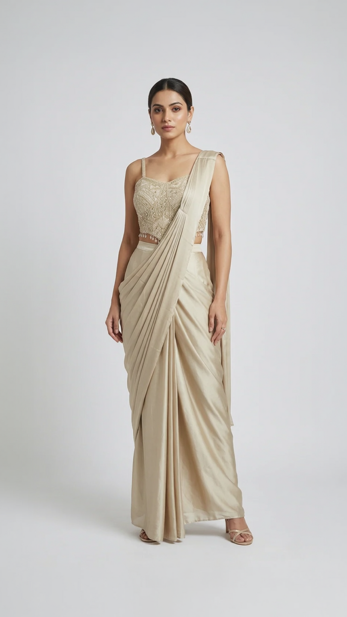 LIGHT GOLD CORSET READY TO WEAR SAREE SET