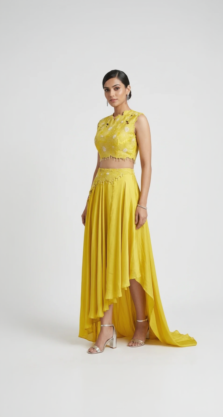 YELLOW EMBELLISHED CUTWORK SKIRT SET