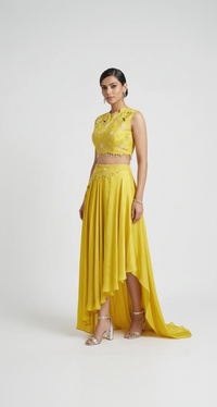 YELLOW EMBELLISHED CUTWORK SKIRT SET