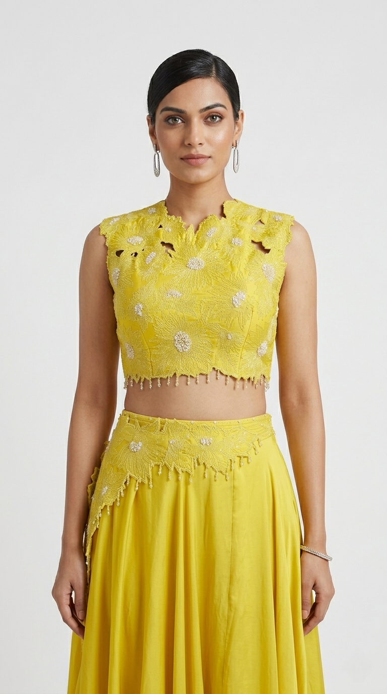 YELLOW EMBELLISHED CUTWORK SKIRT SET