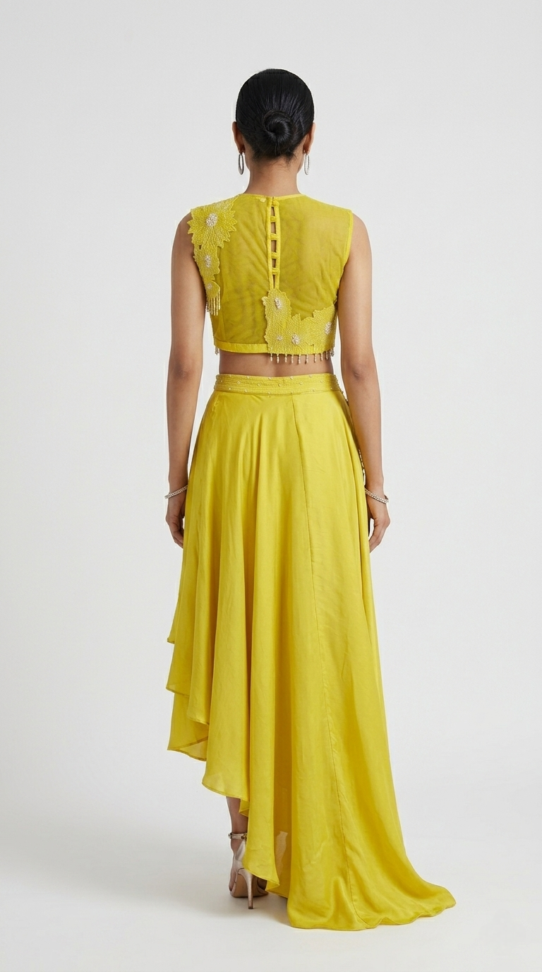 YELLOW EMBELLISHED CUTWORK SKIRT SET