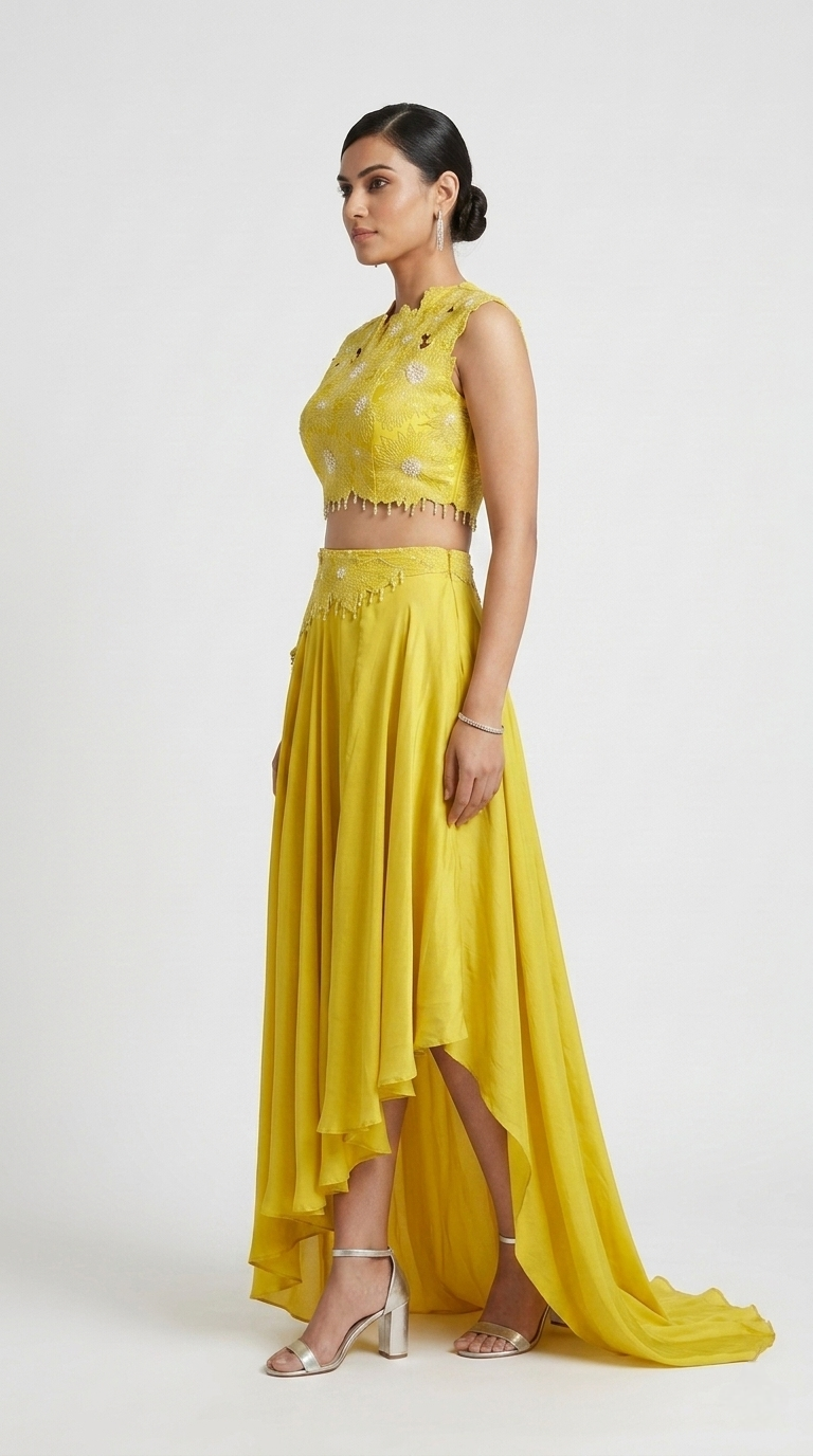 YELLOW EMBELLISHED CUTWORK SKIRT SET