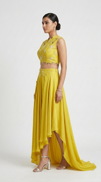 YELLOW EMBELLISHED CUTWORK SKIRT SET