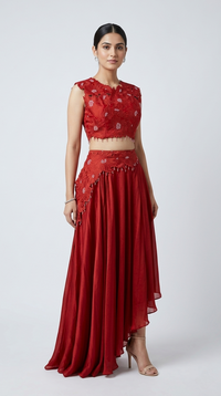RED EMBELLISHED CUTWORK SKIRT SET